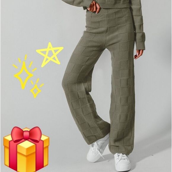 Double Take Full Size Checkered Round Neck Top Pants Beige Women's Knit Set sz L - Picture 4 of 5